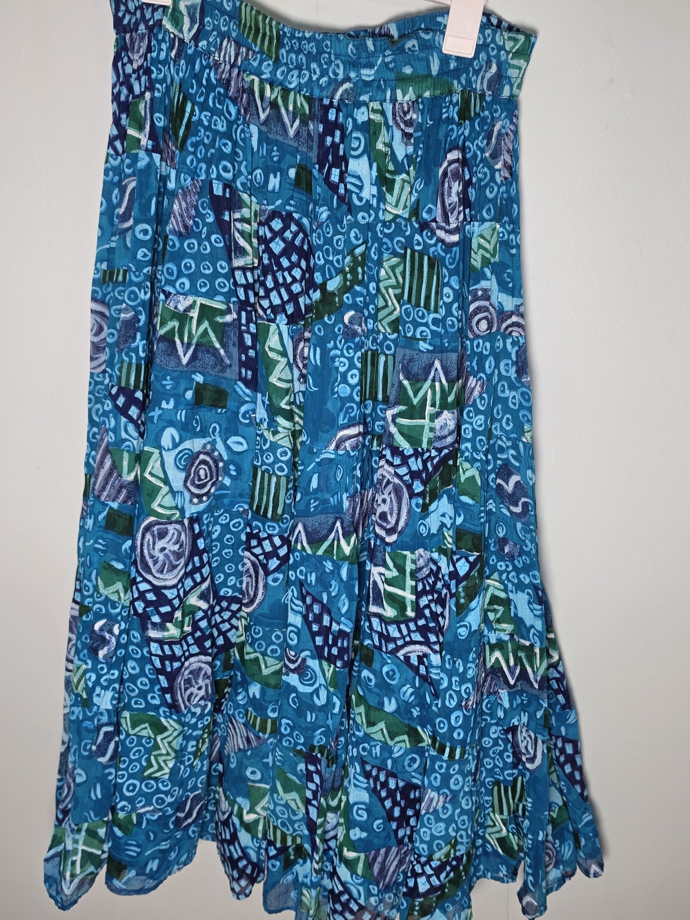 PHOOL 1X Blue Green Boho Midi Skirt Elastic Waist Plus Size
